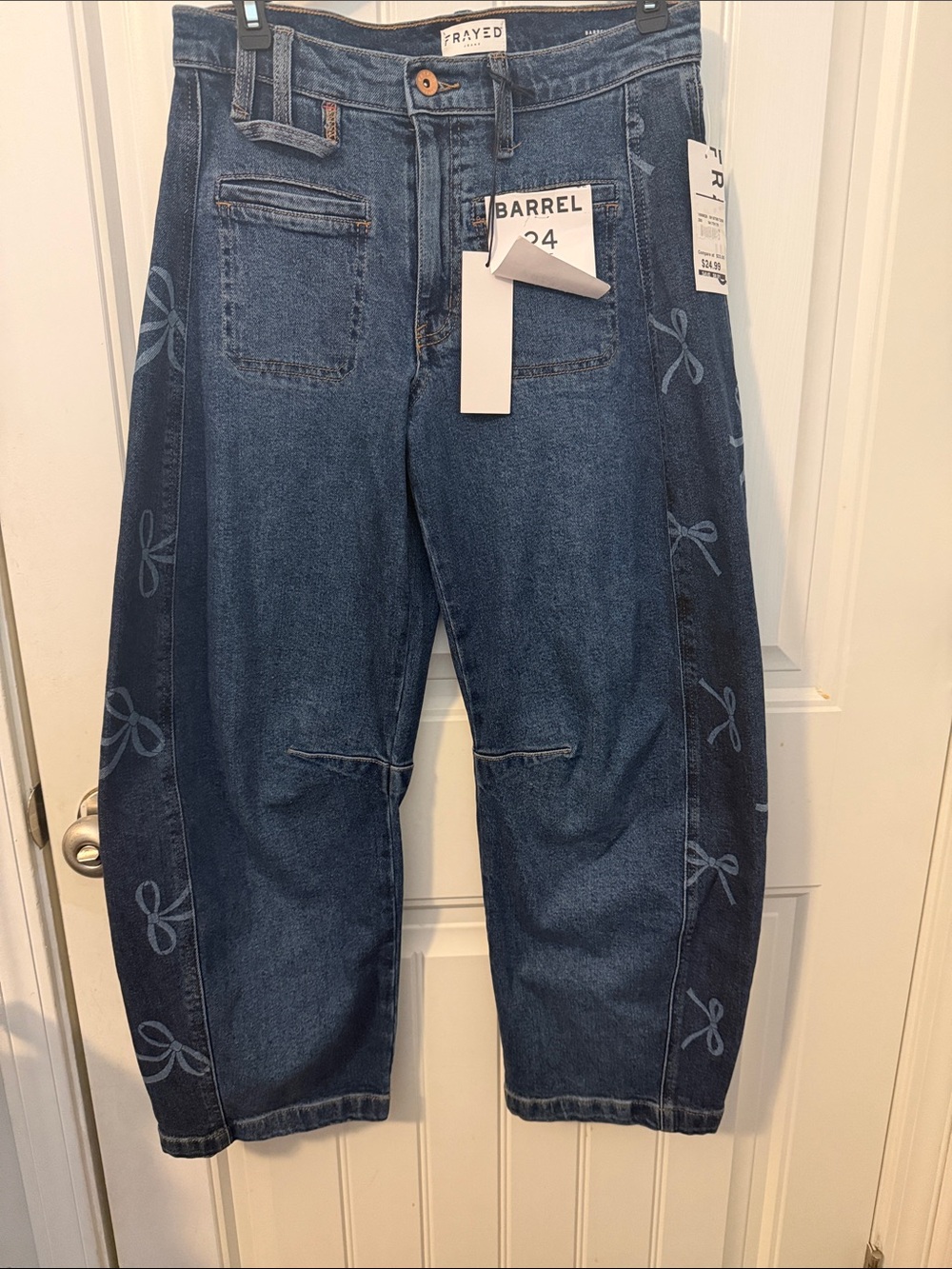 FRAYED Dark Blue Denim Barrel Jeans with Side Bow Detail size 24